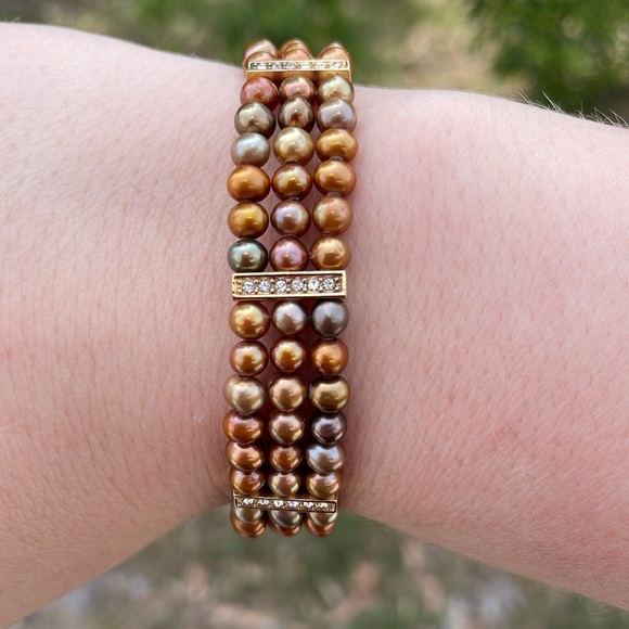 Jewelry - Gold Tone Three Strand Bracelet with Cultured Pearls and Rhinestones